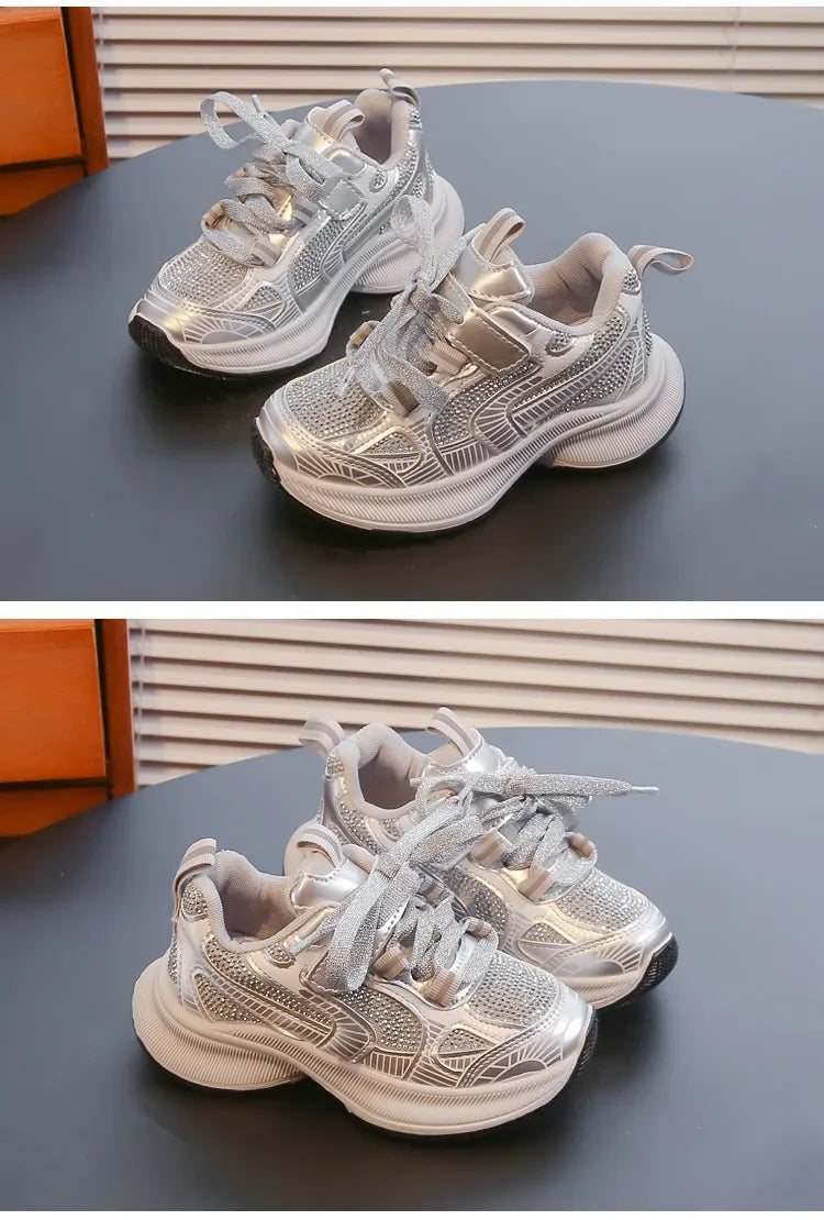 Kids Casual Running Shoes with Rhinestones Boys Girls Sports Shoes Mesh Breathable 2024 New Children Sneakers Fashion Trendy.