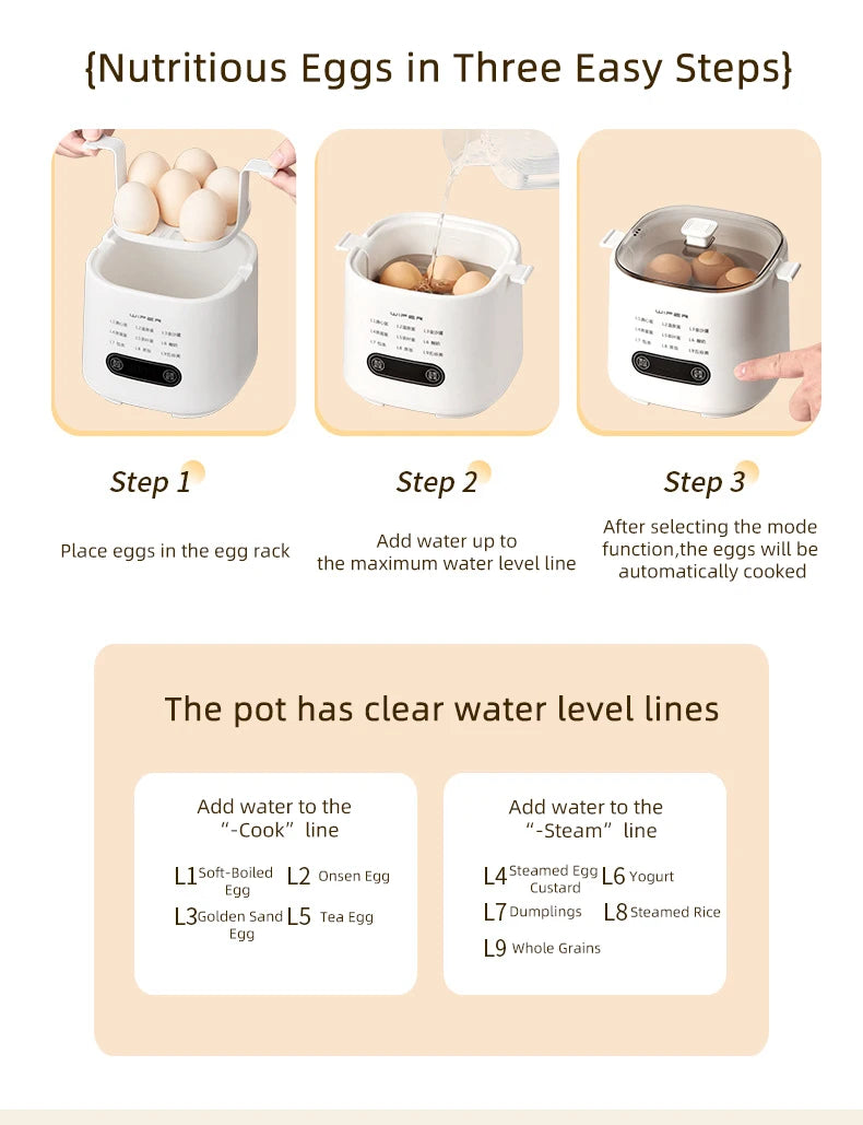 300W Electric Egg Boiler Breakfast Machine Multicooker Steamer Automatic Egg Cookers Home Egg Custard Steaming Cooker with Timer.