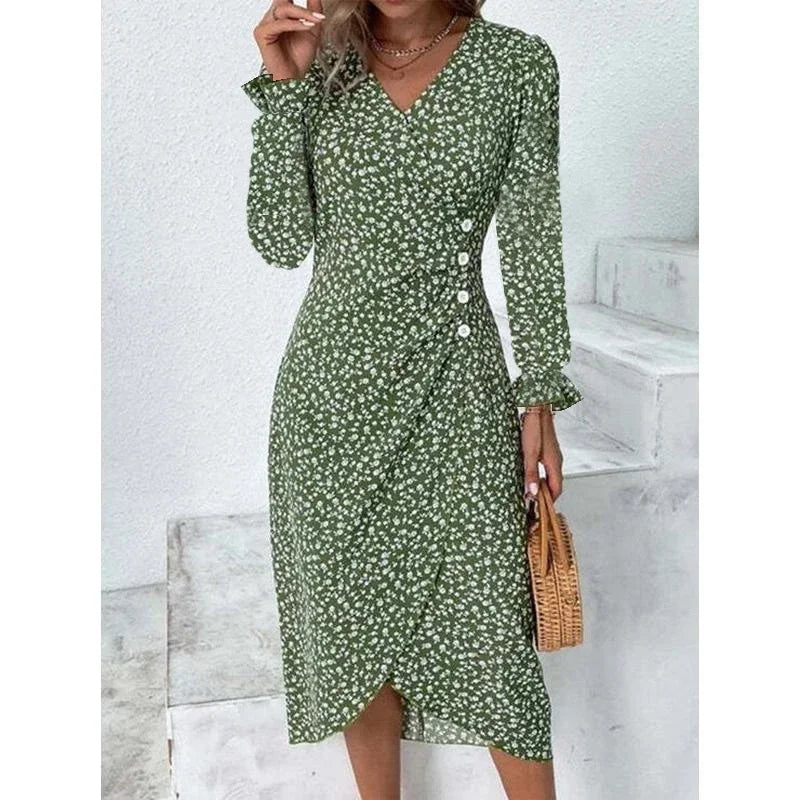 Elegante Blumen Plissee H-förmigen Midi Kleid Weibliche V-ausschnitt Puff Sleeve Taille Geraffte Taste Kleider Frauen Sommer Kleid Robe