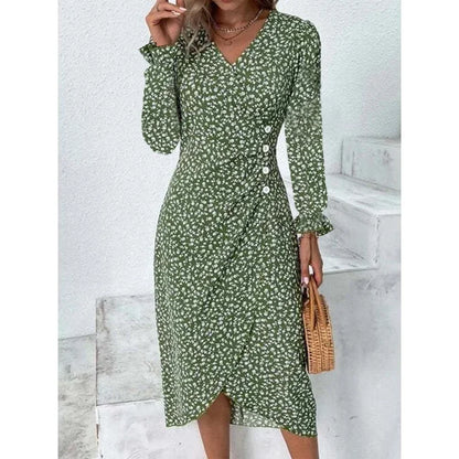 Elegante Blumen Plissee H-förmigen Midi Kleid Weibliche V-ausschnitt Puff Sleeve Taille Geraffte Taste Kleider Frauen Sommer Kleid Robe