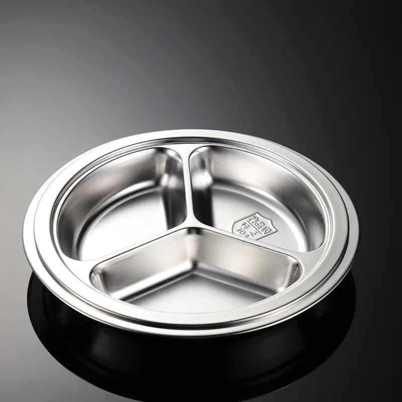 3 Grid Satinless Steel Food Plate Round School Kids Dish Trays Meal Sharing Dishes Set Service Table Student Main Dining Cutlery.