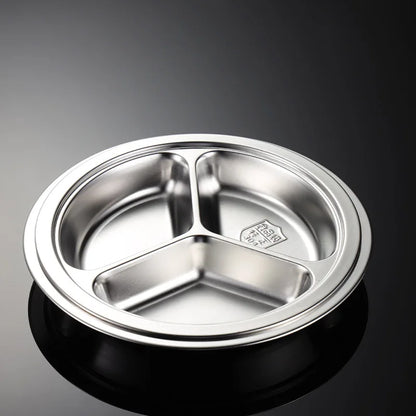 3 Grid Satinless Steel Food Plate Round School Kids Dish Trays Meal Sharing Dishes Set Service Table Student Main Dining Cutlery.