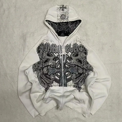 American Y2K New Fashion Trend Fleece Padded Zipper Hoodie Women Street Hip Hop Joker Loose Sweatshirt Couple Casual Punk Hoodie.