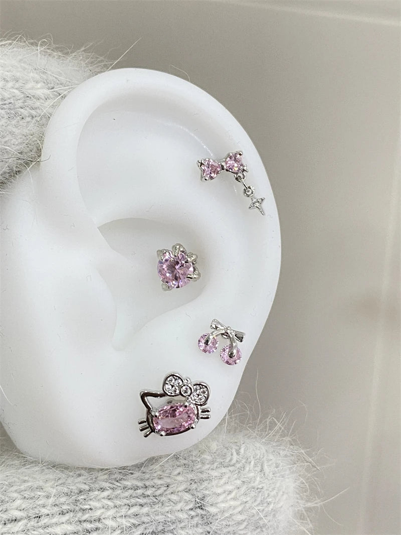 Cute Pink Zircon Cat Stainless Steel Ear Bone Nail Water Droplet Pendant Small Earrings for Women Cochlear Puncture Accessory.