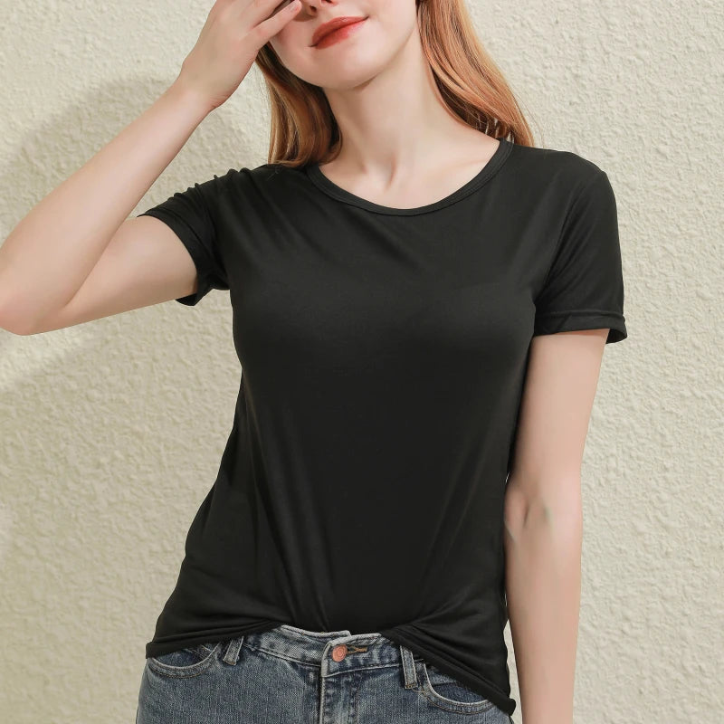 2024 Kurze T-Shirts Sommer Damen Kurzarm Rundhals Casual Bluse Shirts Einfarbig Tops Schwarz / Weiß