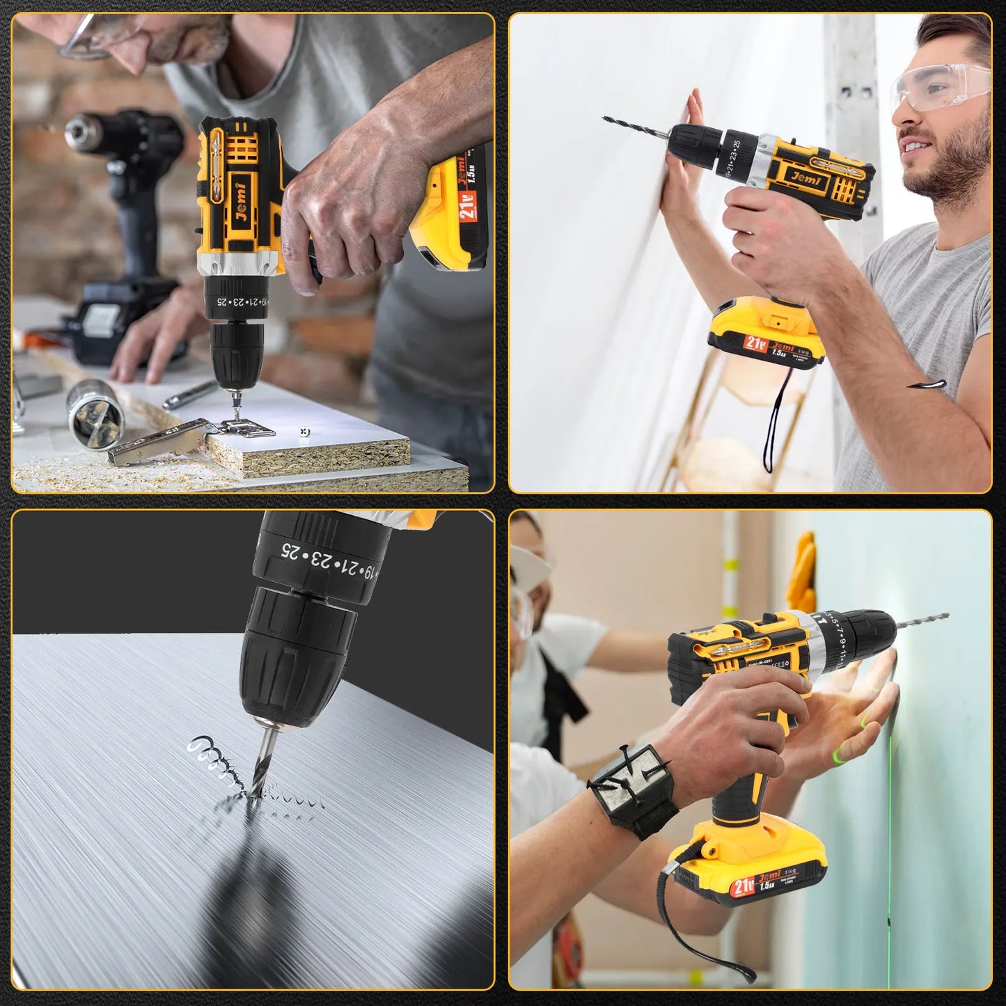 Jemi Tool 12 V/21 V Akku-Bohrschrauber, 45 Nm Schlagbohrmaschine, 25+3 Drehmomenteinstellung, mit 45 optionalen Zubehörteilen