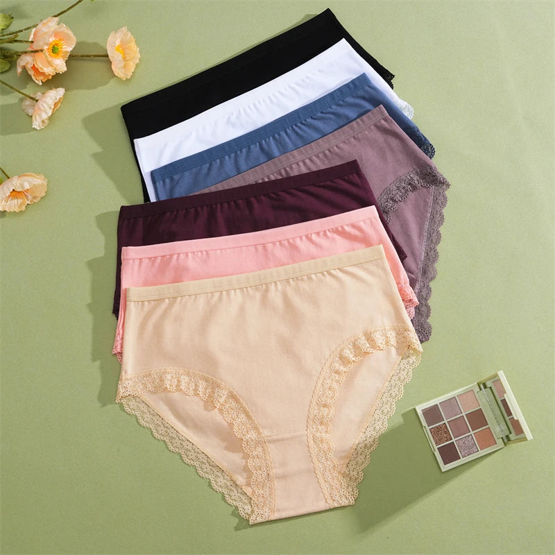 FINETOO 5Pcs Women Cotton Lace Underwear Sexy Seamless Breathable Panties Plus Size Mid-Waist Briefs Female Solid Soft Lingerie.