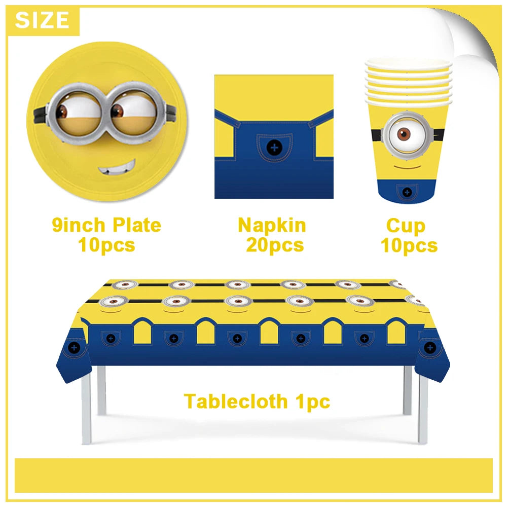 Cartoon M & Minions Geburtstag Party Dekoration Einweg Geschirr Tasse Teller Tischdecke Luftballons Gelb Große Augen Hintergrund Banner