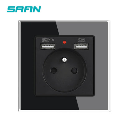 SRAN Französische USB-Wandsteckdose 5 V 2,1 A, Kristall-Hartglasscheibe 16 A 220 V 82 x 82 mm Steckdose Frankreich-Standard mit Abdeckung
