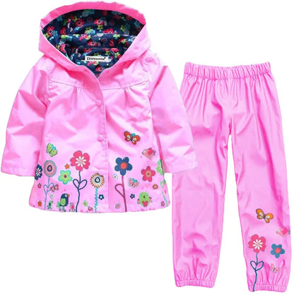 Spring Autumn Waterproof Girls Clothing Sets Flower Pattern Raincoat Coat + Pant 2Pcs Girls Suits 2 3 4 5 6 Years Kids Clothes.