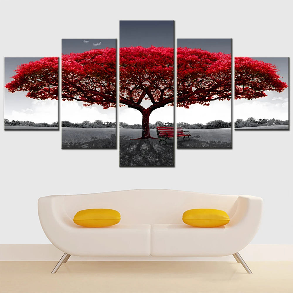 Nature 5 Pieces Canvas Art Wall Decor Painting Abstract Red Tree Sunset Picture Modular Home Decoration Poster Print Photo Frame.