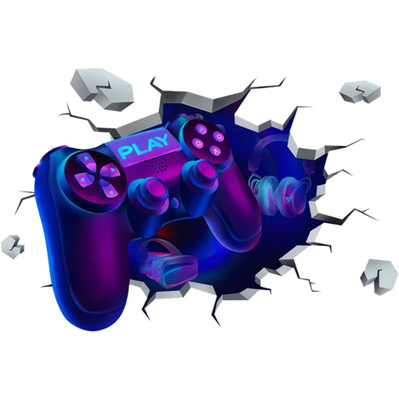 Larger Game Poster 3D Wall Hole Art Cool Gamer Zone Gamepad Vinyl Mural Stickers Home Decoration for Kids Bedroom Gaming Rooms