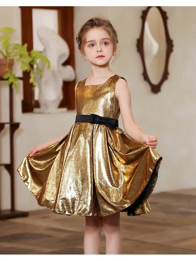 Teenager Mädchen Gold Glänzendes Bühnenkleid Kinder Hochzeit Klavier Performance Luxus Dressing Kostüm Größe 110-170.
