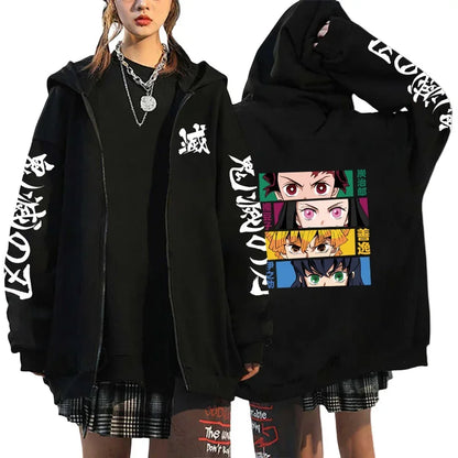 Japan Anime Print Black Hoodie Woman Hooded Long Sleeve Zipper Jacket Tanjirou Zenitsu Inosuke Pattern Sweatshirt Autumn Coat.