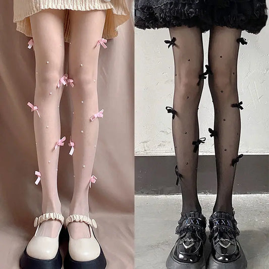 Lolita Pink Velvet Bow Embroidery Pearl Tights Pantyhose Fashion Women Tights JK Lolita Styles Sweet Girls Kawaii Cute Stocking.
