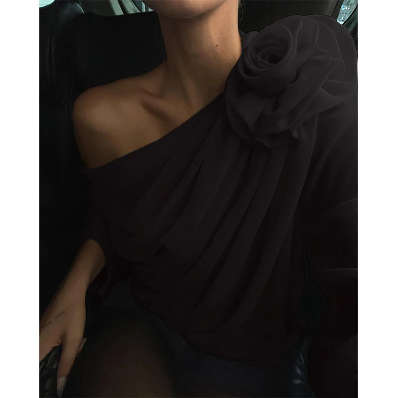 WhereMery Sexy Irregular Oblique-neck Flower Applique T Shirt Summer Off Shoulder Fashion Long Sleeve Crop Tops Street Mesh Tees.