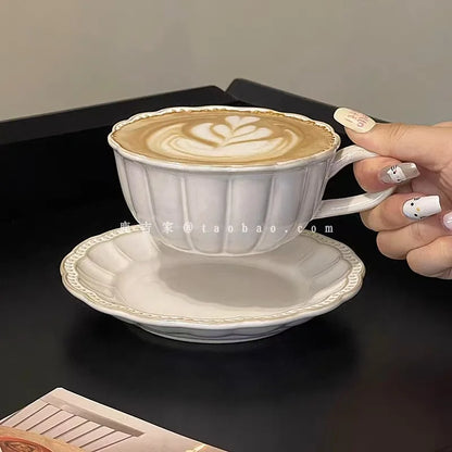 French Retro Relief Flower Cup and Dish Set, Ceramic Coffee Cup, Afternoon Tea Latte Cup, Artistic Home Decoration, Holiday Gift.