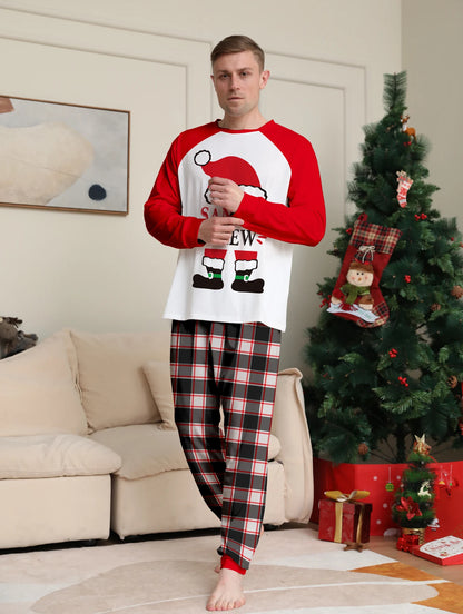 Christmas Couple Pajamas Set - Raglan Sleeve White & Red "Santa's Crew" Print & Plaid Pants Sleepwear.