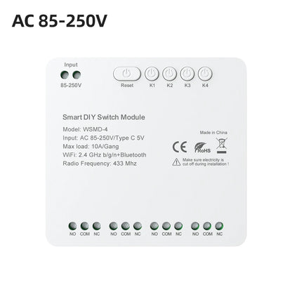 AVATTO Tuya WiFi 4-Kanal-Schaltmodul, 7–32 V/85–250 V RF433 Fernbedienungsrelais-DIY-Modul, funktioniert mit Alexa, Google Home, Alice