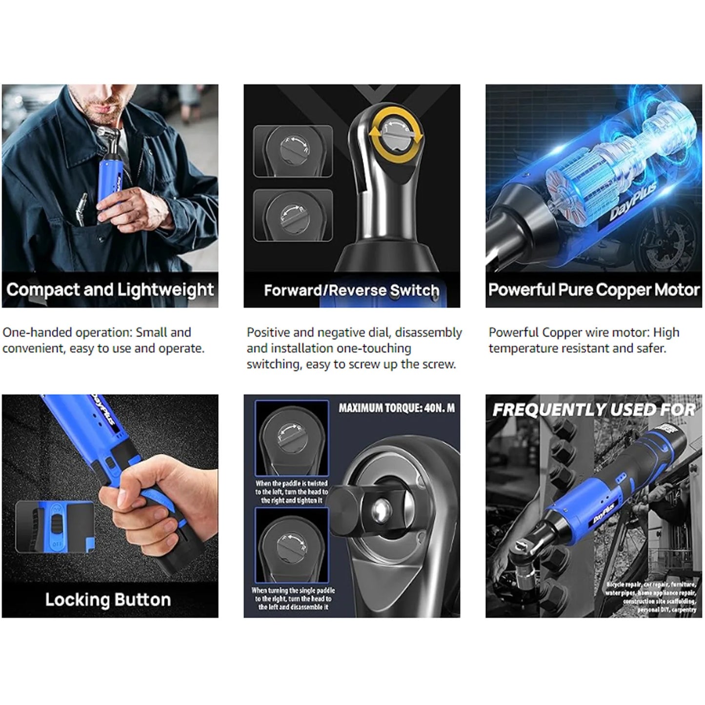 DayPlus 3/8 Zoll kabelloser elektrischer Ratschenschlüssel, 12 V Power-Ratschengerät 200 NM mit 2 x 1500 mAh-Batterien 90 °   Winkelschlüssel, 7 Steckdosen