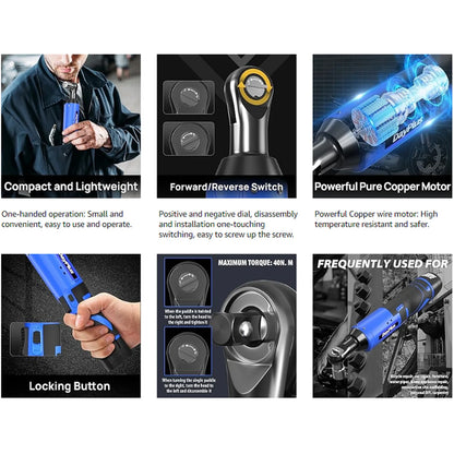 DayPlus 3/8 Zoll kabelloser elektrischer Ratschenschlüssel, 12 V Power-Ratschengerät 200 NM mit 2 x 1500 mAh-Batterien 90 °   Winkelschlüssel, 7 Steckdosen