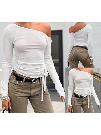 Womens Slim Fitted Tops Long Sleeve Off Shoulder Going Out Fashion Fall Crop Shirts.