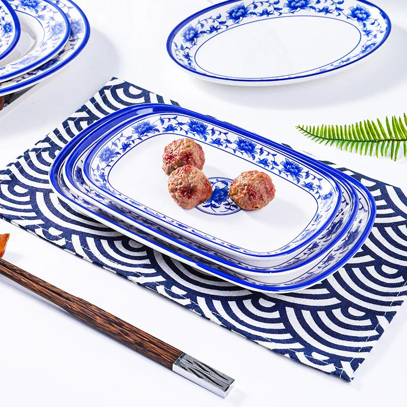 Melamine Chinese Style Blue and White Porcelain Tableware Creative Oval Dinner Plate.