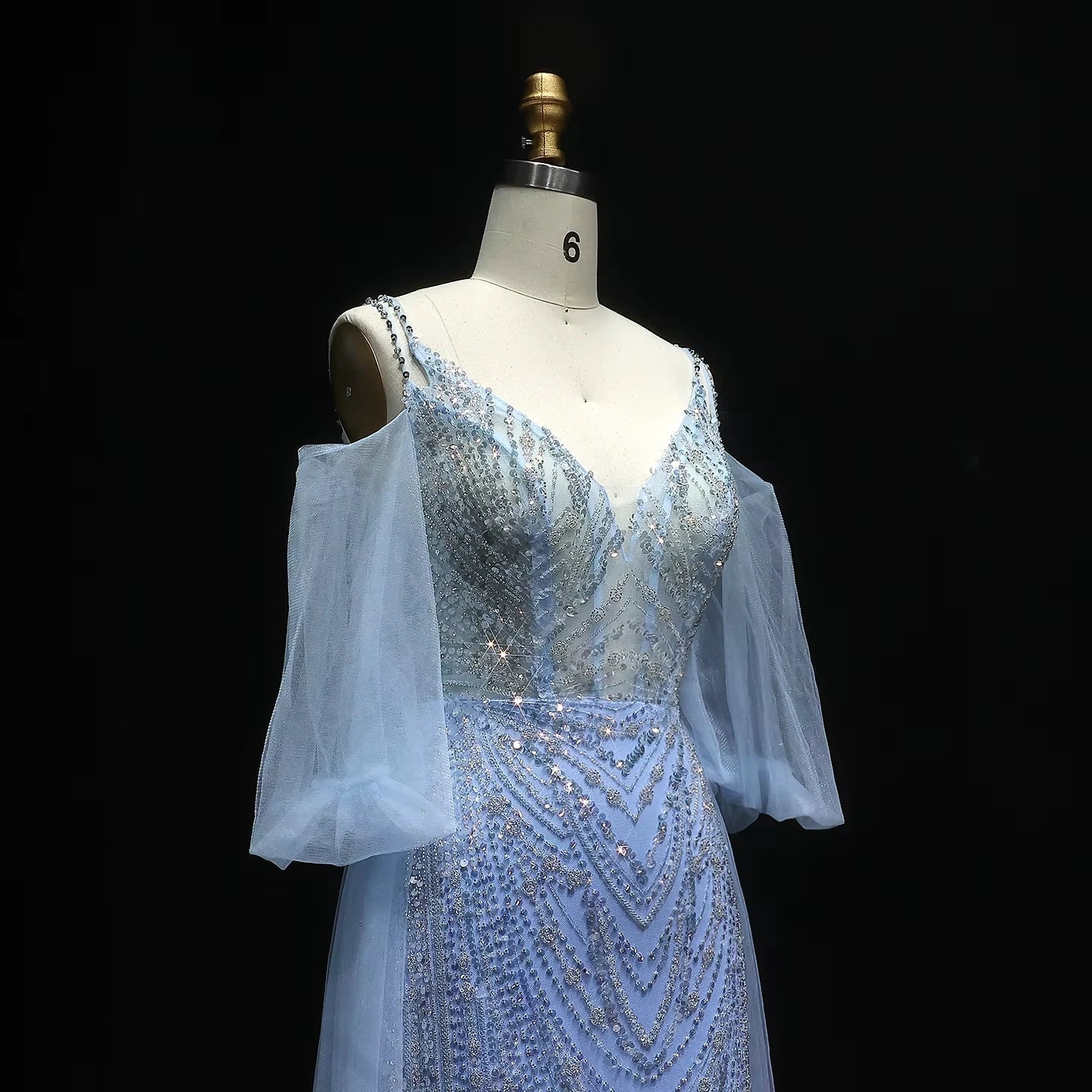 Jancember LSZ053 Elegant V-neck Sequins Mermaid Evening Dresses with Flowing Sleeve.