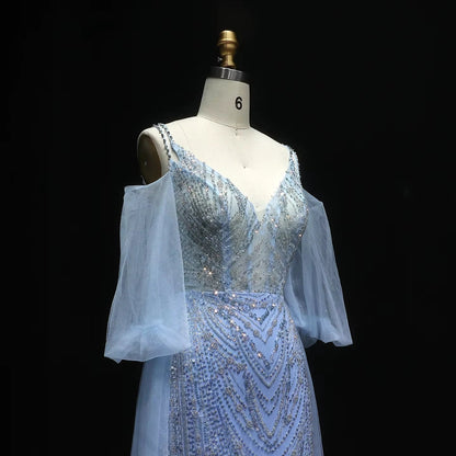 Jancember LSZ053 Elegant V-neck Sequins Mermaid Evening Dresses with Flowing Sleeve.