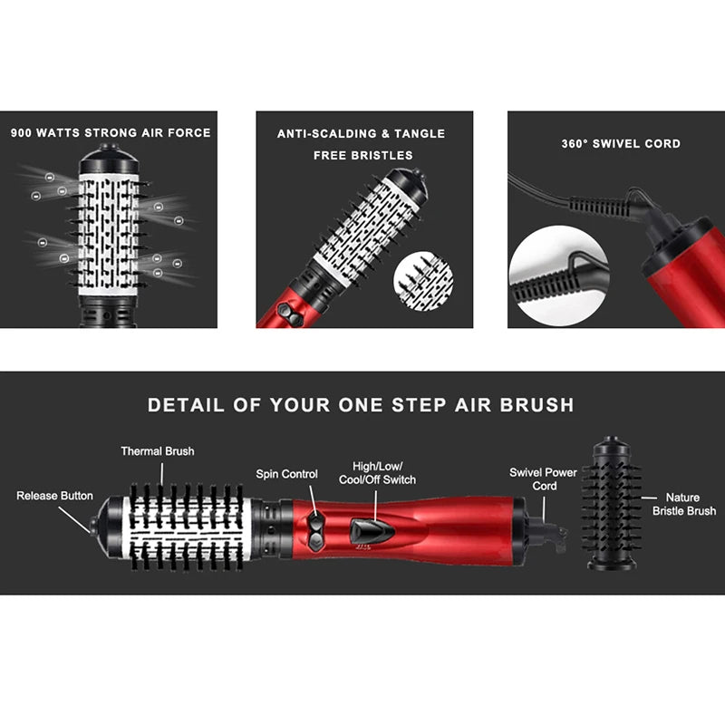 Hot Air Brush Design 3-In-1 Rotating Electric Hair Straightener Curling Comb Roller One-Step Electric Ion Hair Brush.