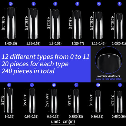 240PC Professional 3XL Extra Long Clear Square Nail Tips 12 Sizes Half Cover Acrylic Nails NO C CURVE Long Square Fake Nail Tips.