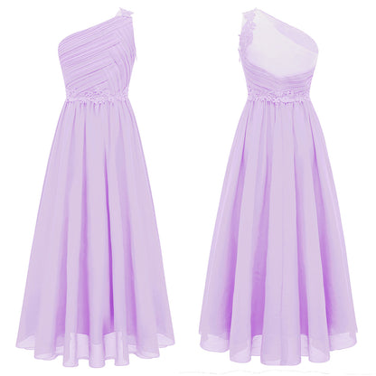 Mädchen Hochzeit Brautjungfer Kleid One Shoulder Elegante Guipure-Spitze Geraffte Chiffon Maxi Party Kleider Geburtstag Abend Abendkleid