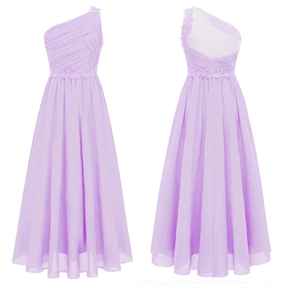 Mädchen Hochzeit Brautjungfer Kleid One Shoulder Elegante Guipure-Spitze Geraffte Chiffon Maxi Party Kleider Geburtstag Abend Abendkleid