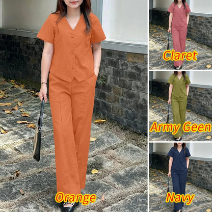 ZANZEA Fashion 2 Piece Sets Woman Elegant V-Neck Short Sleeve Shirts Wide Leg Pants 2pcs Suits Office Lady Commuting Pant Sets.