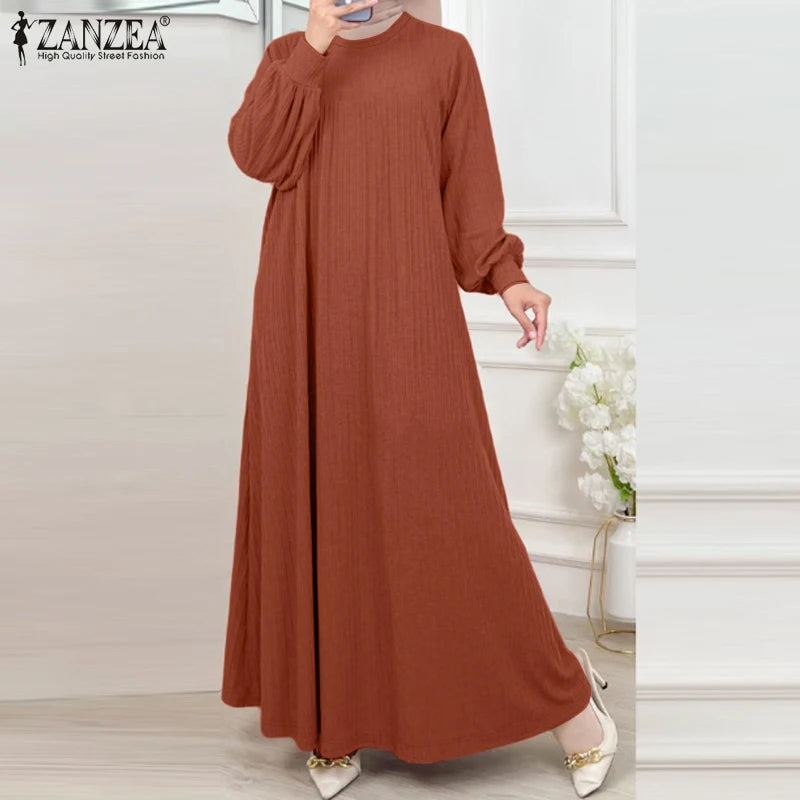 ZANZEA Fashion Muslim Abaya Women Autumn Maxi Sundress Casual Long Sleeve Kaftan Hijab Vestido Solid Loose Islamic Clothing 2024.