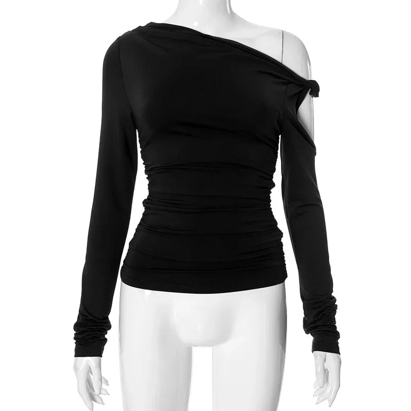 Autumn Asymmetric Single Shoulder Long Sleeve Pleated Solid Color New Style YTP Women's Top Asymmetrical Neckline T-shirt.