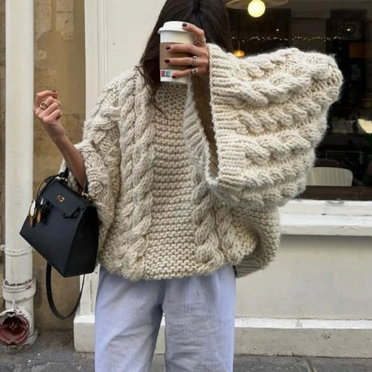 Oversize Stricken Pullover Frauen Casual Faul Rundhals Knick Solide Pullover Weibliche Herbst Winter Lose Ärmeln Strickwaren Dame