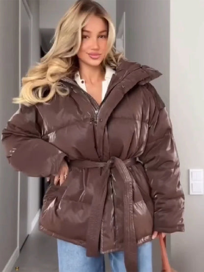Frauen Glänzend Herbst Winter Mit Kapuze Baumwolle Gefütterte Jacke Lose Lange Hülse Spitze Up Warme Mantel 2025, Neue Dame Mode Party outwear