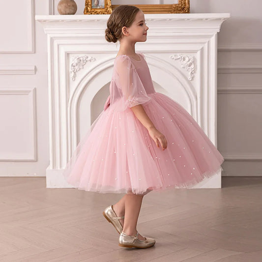 Kinder Kleider V-Rücken Große Schleife Perlen Prinzessin Kleid Geburtstag Party Tüll Kleid Für Mädchen Leistung Hochzeit Prom Flauschigen kleid