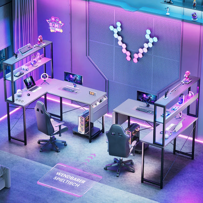 Weißer L-förmiger Schreibtisch mit LED Beleuchtung Doppelregal USB Steckdosen Gaming und Arbeitstisch