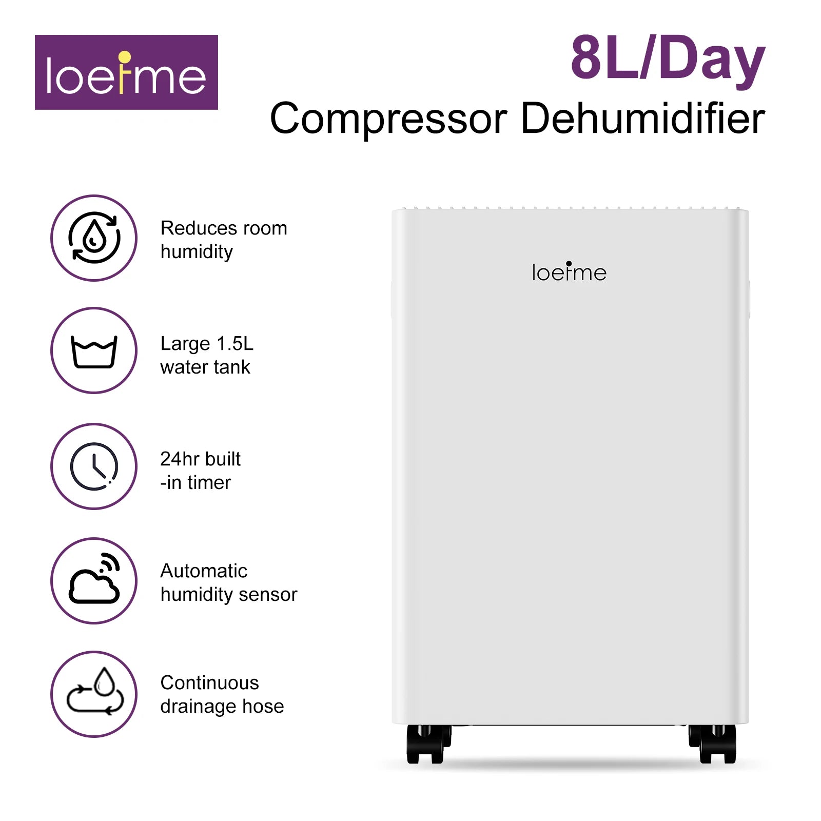 LOEFME Electric Dehumidifier 8 L/Day 40 dB Quiet for 30 m² Room with 1.5L Tank and LED Display 3 Mode Portable Room Dehumidifier.