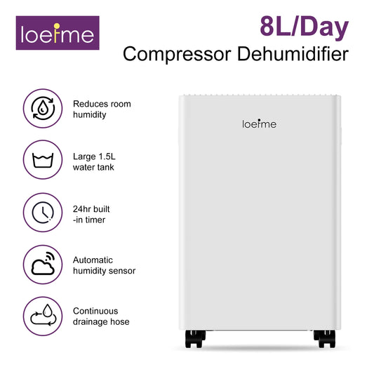 LOEFME Electric Dehumidifier 8 L/Day 40 dB Quiet for 30 m² Room with 1.5L Tank and LED Display 3 Mode Portable Room Dehumidifier.