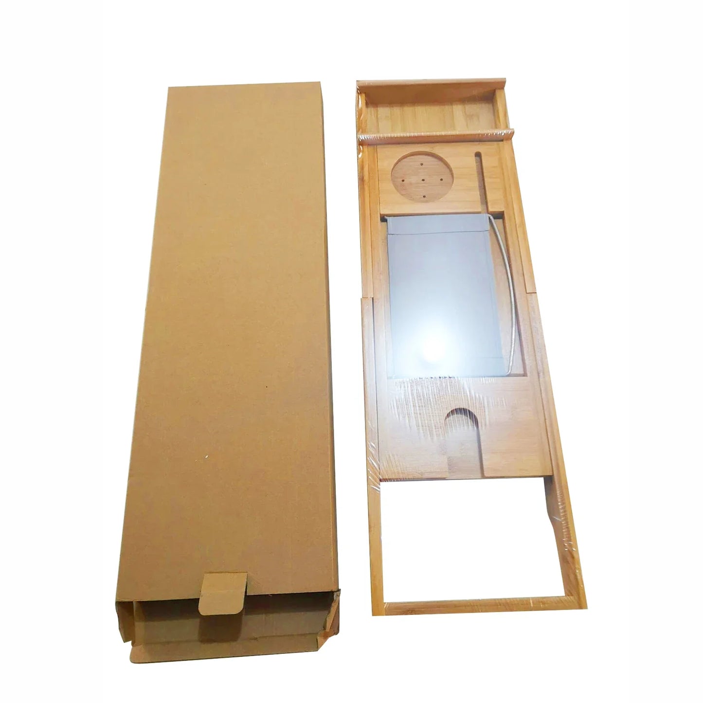 Einziehbares Bambus-Badewannenbrett-Regal, Bad-Tablet-Regal für Badezimmer, multifunktionales Badewannenregal mit Schallwand, Tassen-/Telefonschlitz