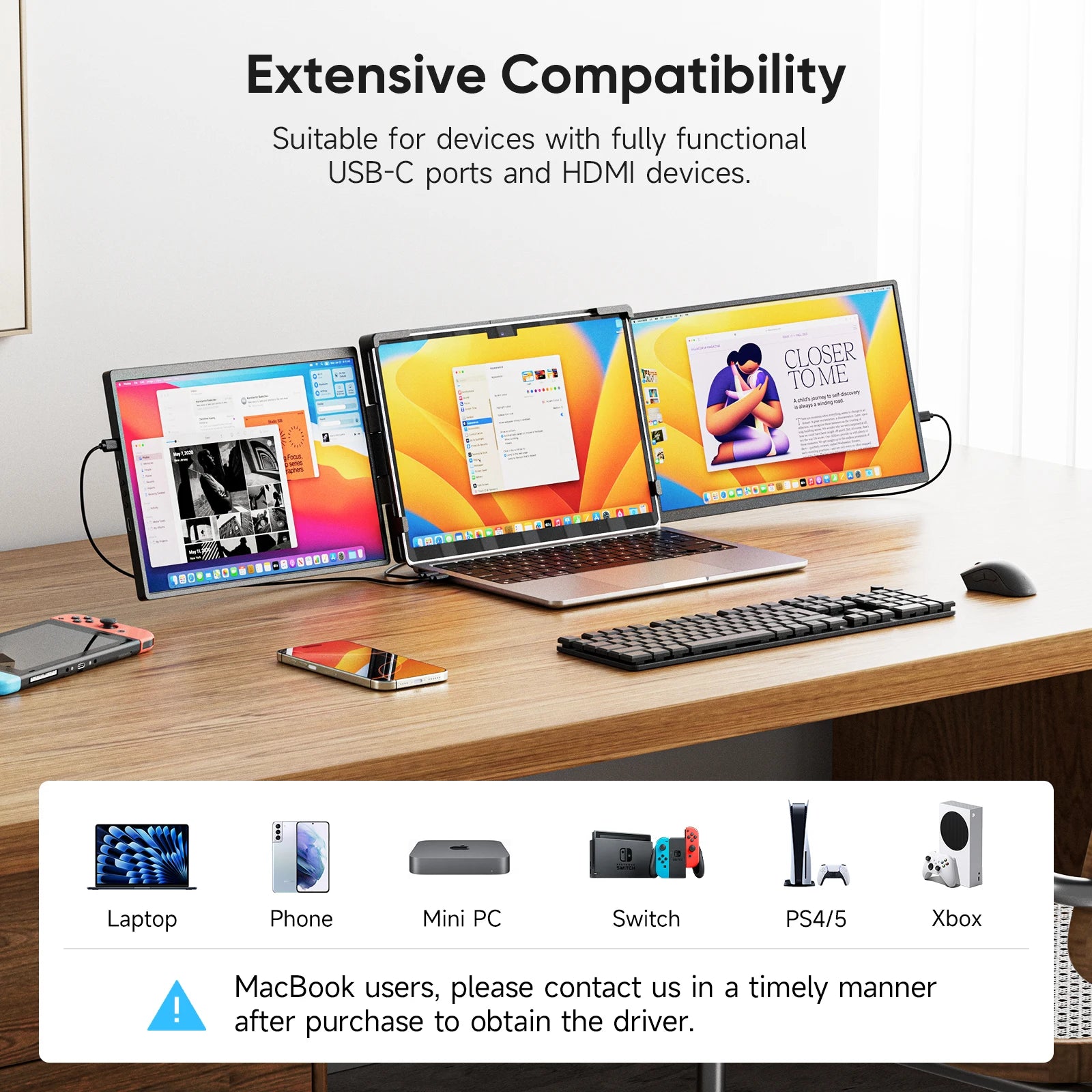 Dopesplay 14.1 inch Triple Screen Extender for Laptops 1200P FHD IPS Type-C Dual Portable Monitor For Macbook Chrome Up to 17.3.