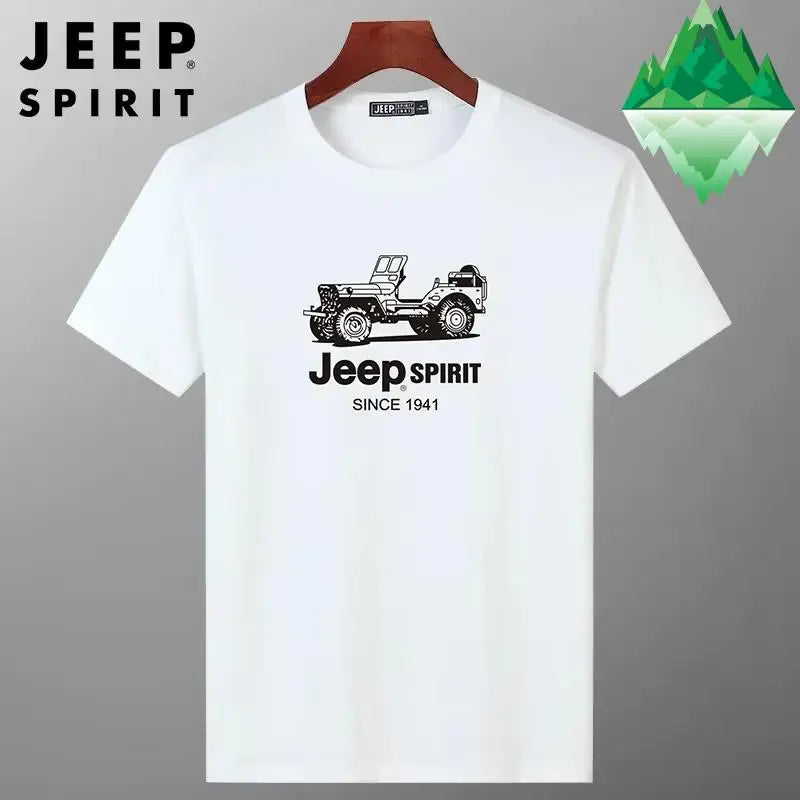 JEEP SPIRIT Mens T-shirt Summer 100%Cotton 230g Heavy Print Sports Breathable Round Neck Top Loose Solid Short Sleeve.