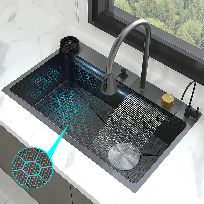 New Stainless Steel Kitchen Sink with Waterfall  Large Single Slot Various Multifunctional Sinks Dish and Vegetable Wash Basin