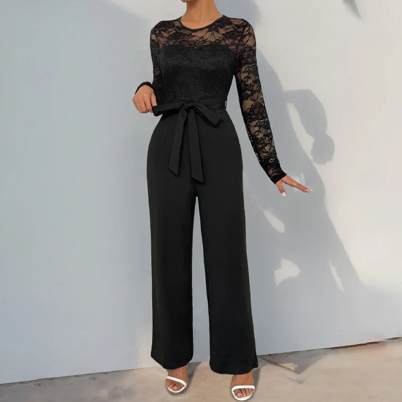 Woman Black Lace Sleeve Jumpsuit Round Neck Belted Waist Ideal for Evening Parties and Cocktail Events.