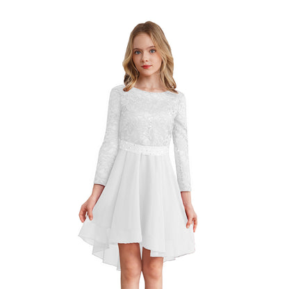 Elegantes Spitzen-Partykleid für Kinder, Mädchen, Chiffon, Spleißen, langärmelig, Kleid mit hohem und niedrigem Saum und Strass-Schärpe für Hochzeit, Geburtstag