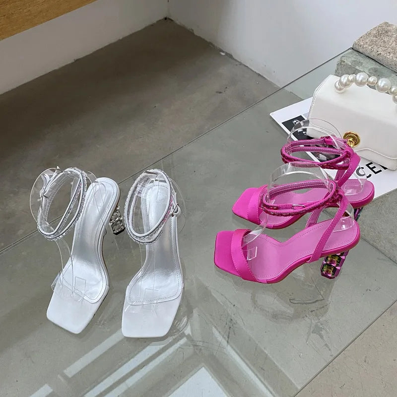 Eilyken Summer Crystal Embellished High Heel Sandals Women Diamond Open Toe Ankle Strap Silk Satin Rhinestone Banquet Shoes.