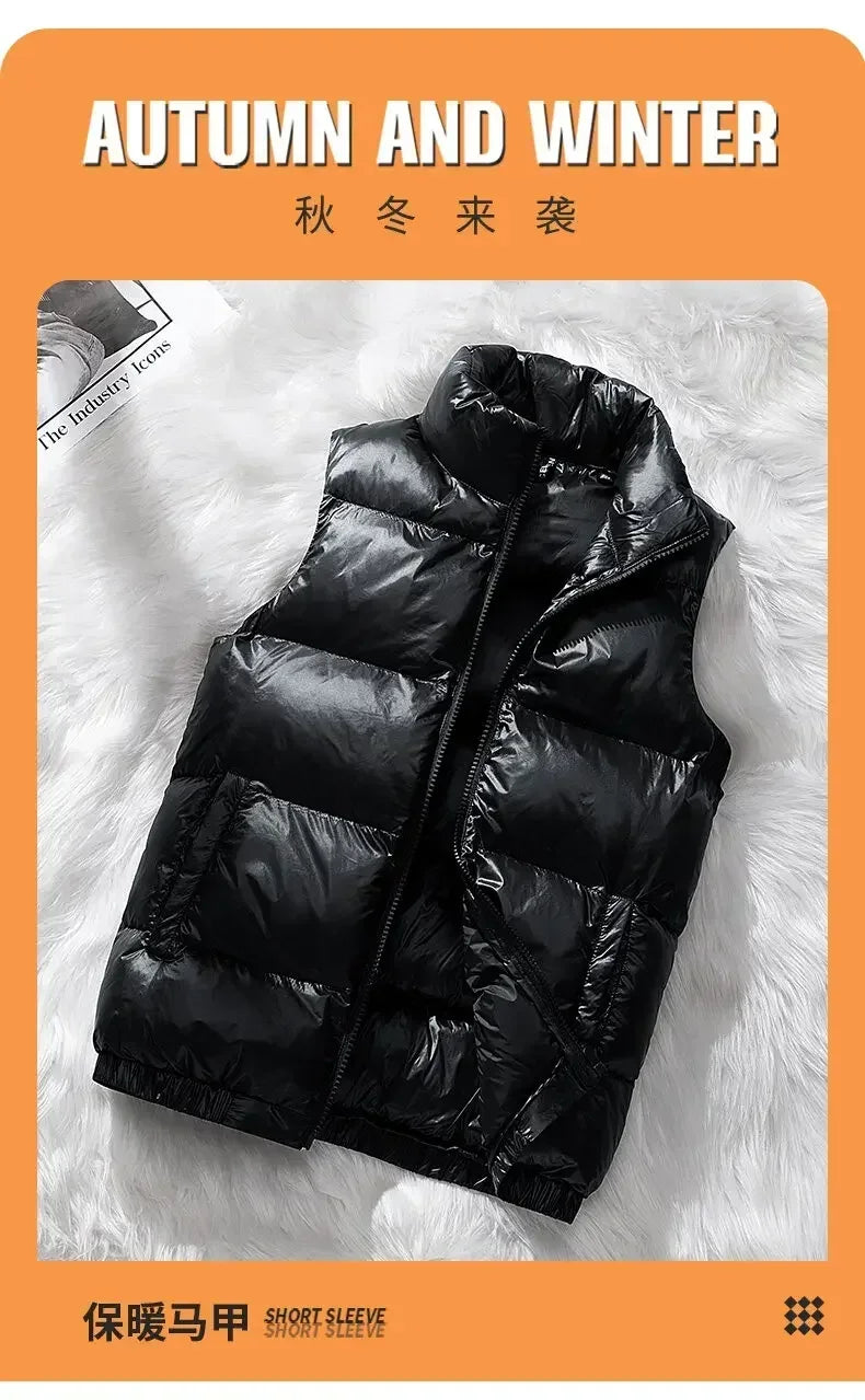 Vest Winter Hooded Glossy Cotton Vest Casual Waistcoat Men's Sleeveless Jacket Warm Overcoats Zipper Solid Color Mens Warm Vests.